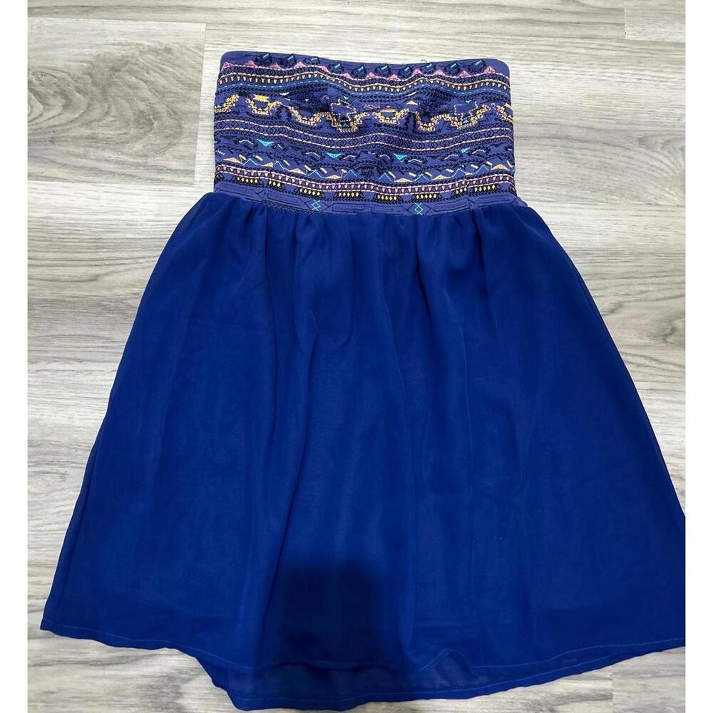Y2K Strapless Blue top with Embroidered Bodice Small 90's Smocked Navy Boho